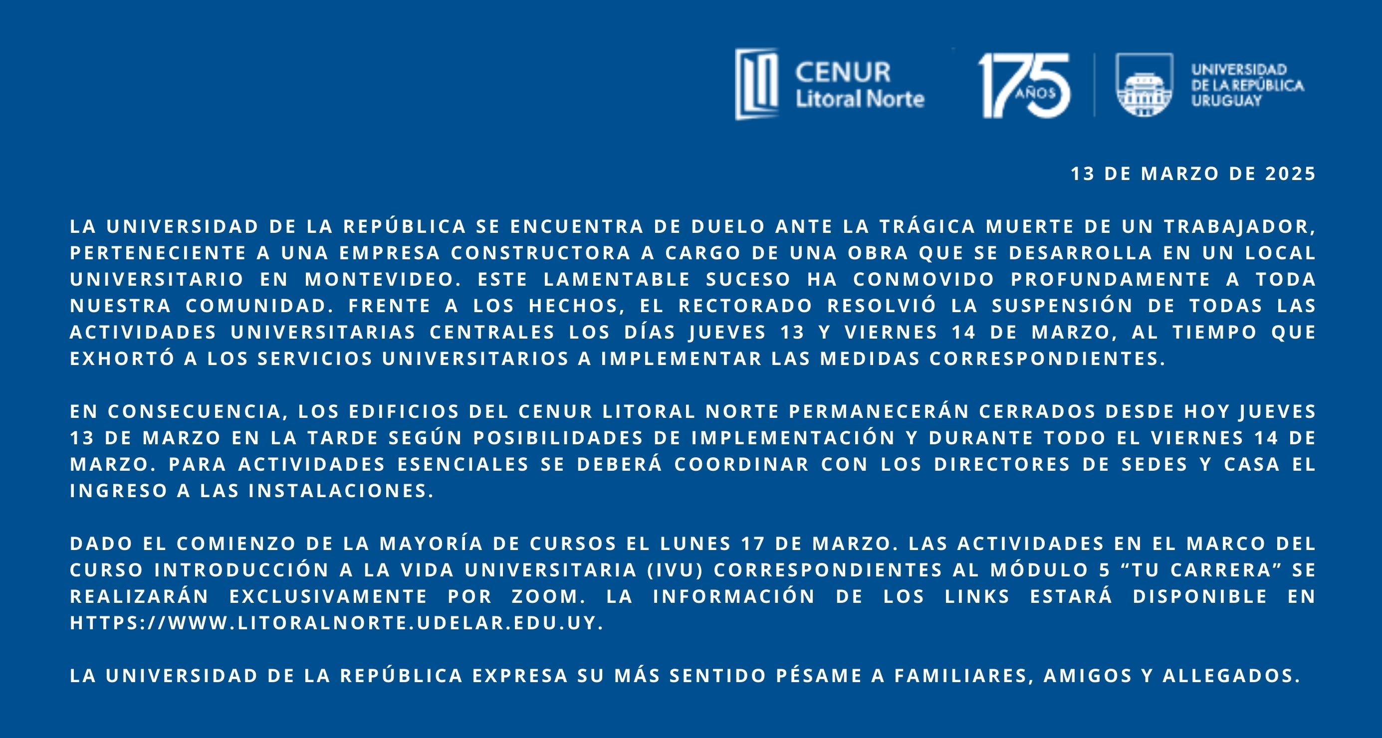 Duelo ante la muerte de un trabajador en un local universitario en Montevideo